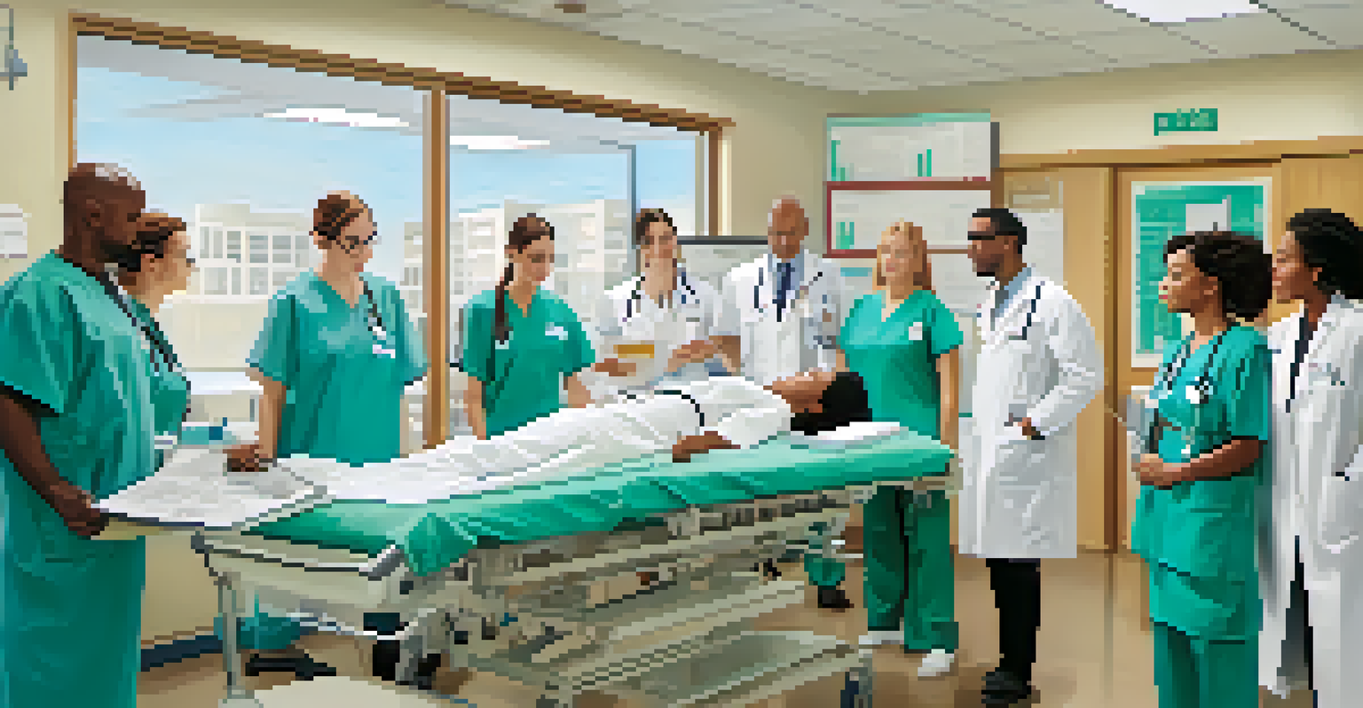A healthcare team collaborating on patient care strategies in a hospital, surrounded by medical equipment and charts.