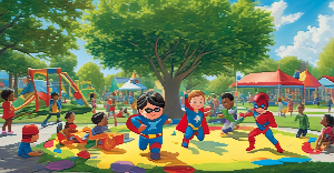 A lively playground filled with children of different backgrounds playing together in imaginative roles, under a clear blue sky.