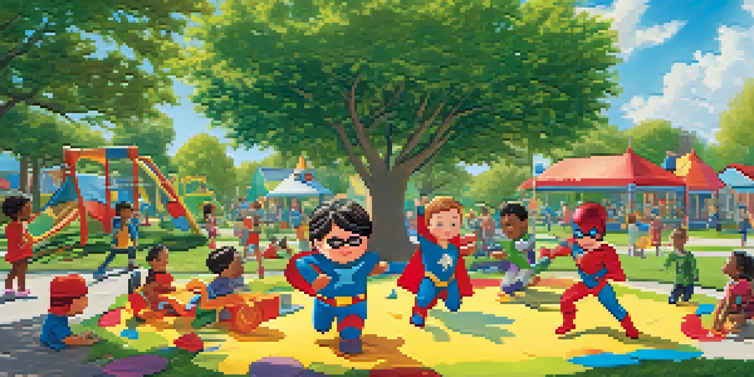 A lively playground filled with children of different backgrounds playing together in imaginative roles, under a clear blue sky.