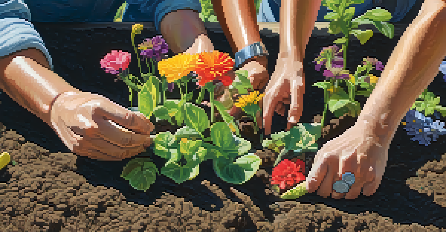Close-up of hands planting flowers in a community garden, showcasing badges pinned to shirts, symbolizing teamwork and collaboration.