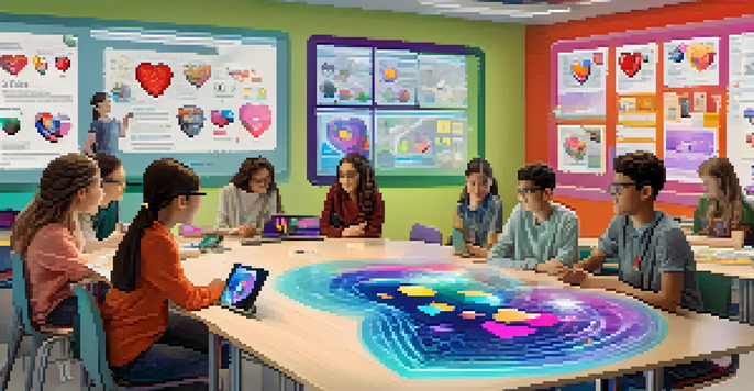 A classroom with students using augmented reality technology, with one student wearing AR glasses and viewing a 3D heart model, surrounded by colorful educational materials.