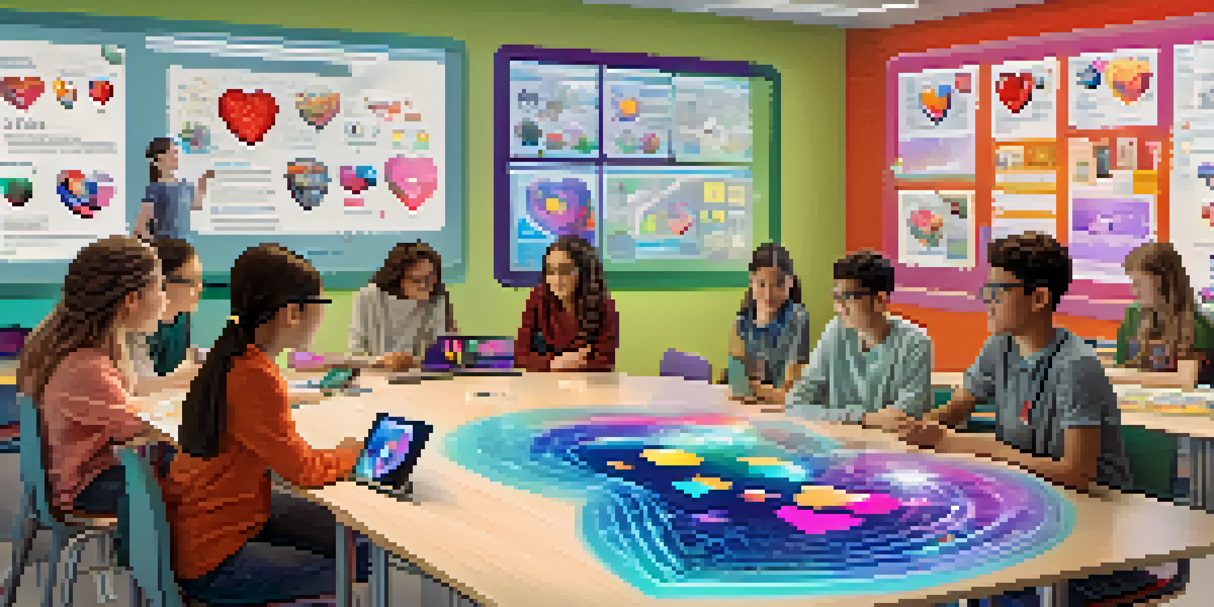 A classroom with students using augmented reality technology, with one student wearing AR glasses and viewing a 3D heart model, surrounded by colorful educational materials.