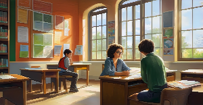 A mentor and a student having a discussion in a bright, inviting classroom filled with bookshelves and plants.