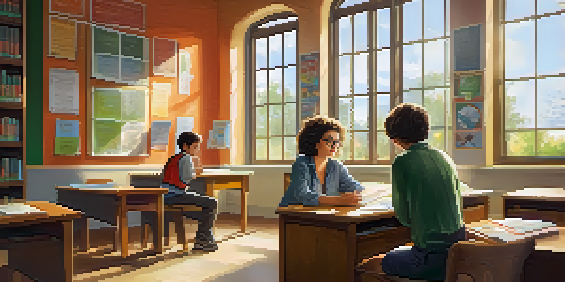 A mentor and a student having a discussion in a bright, inviting classroom filled with bookshelves and plants.