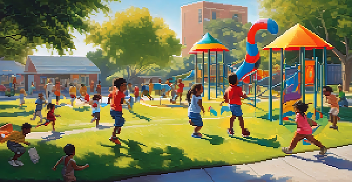 A colorful playground with children climbing, running, and playing together under a bright blue sky.