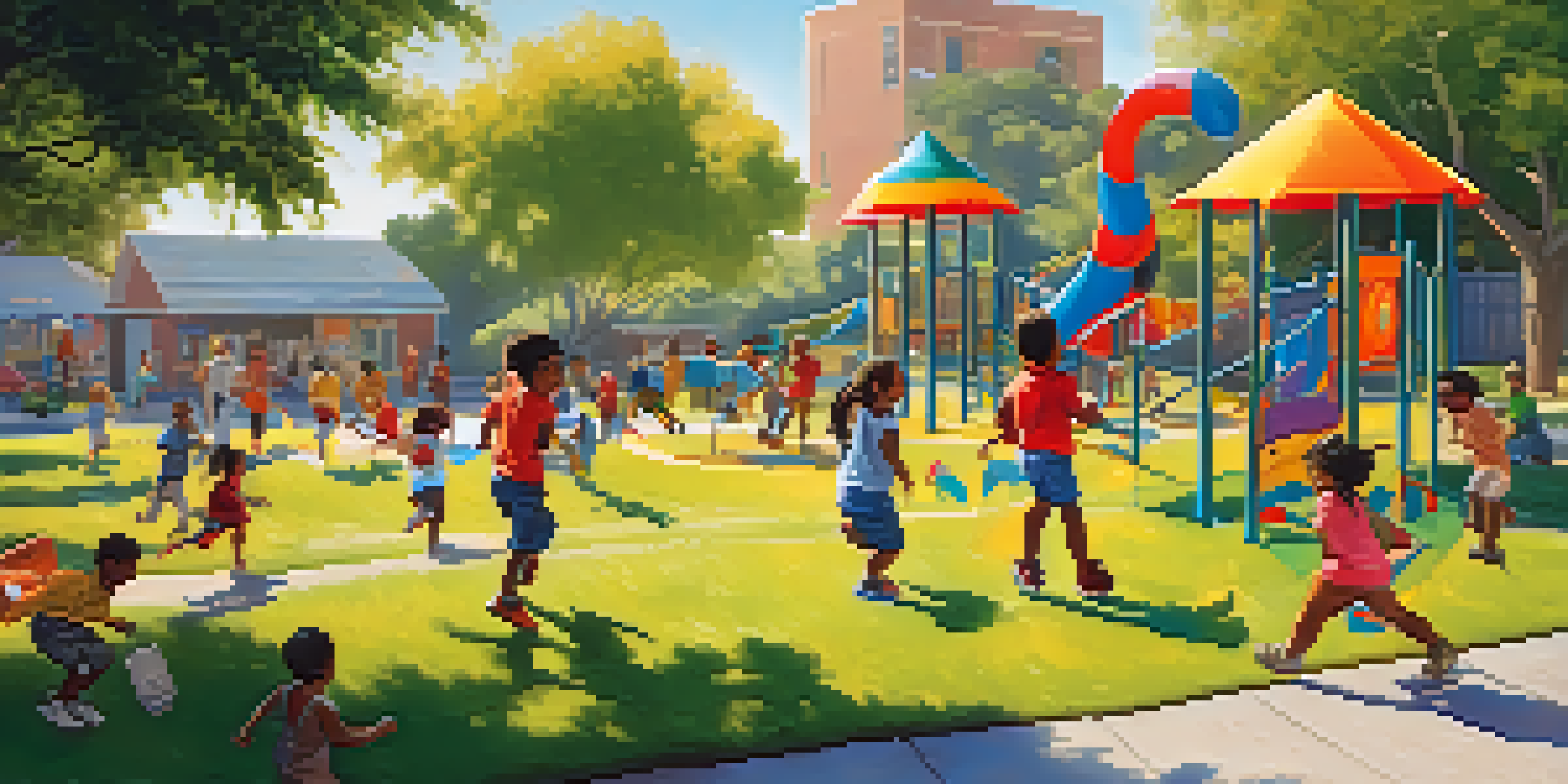A colorful playground with children climbing, running, and playing together under a bright blue sky.