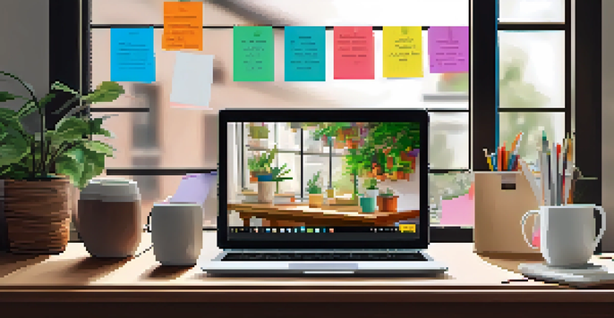 A calm workspace with a laptop displaying microlearning content, decorated with sticky notes, a coffee cup, and a potted plant, illuminated by soft natural light.