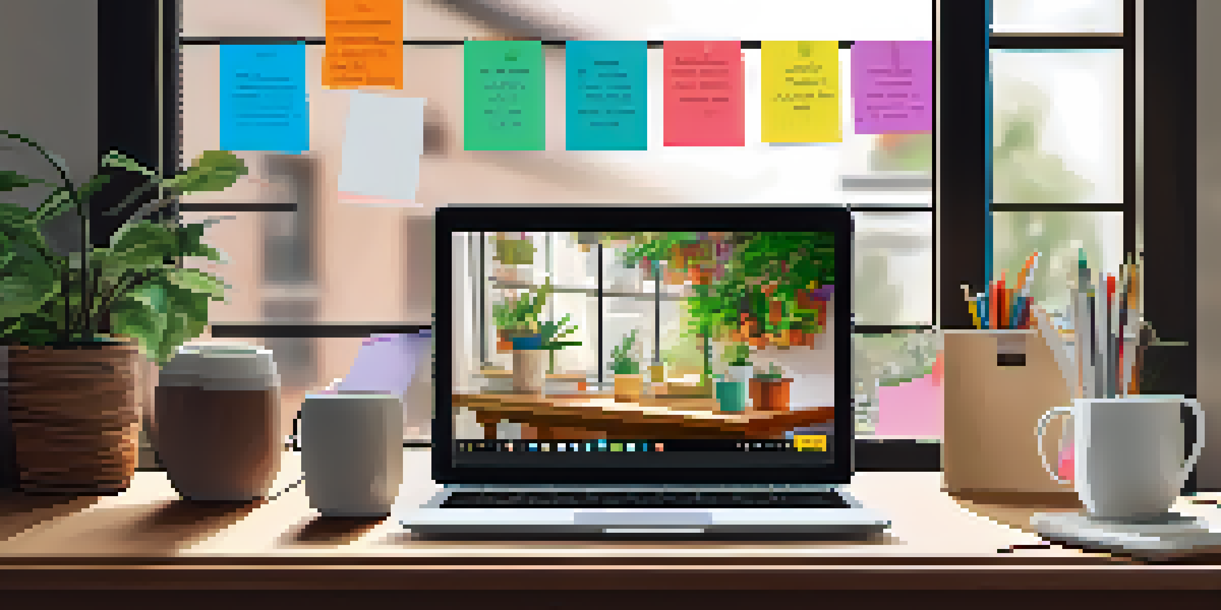 A calm workspace with a laptop displaying microlearning content, decorated with sticky notes, a coffee cup, and a potted plant, illuminated by soft natural light.