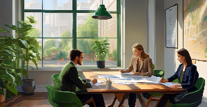 Two colleagues in a bright office having a calm discussion over a project, surrounded by charts and graphs.