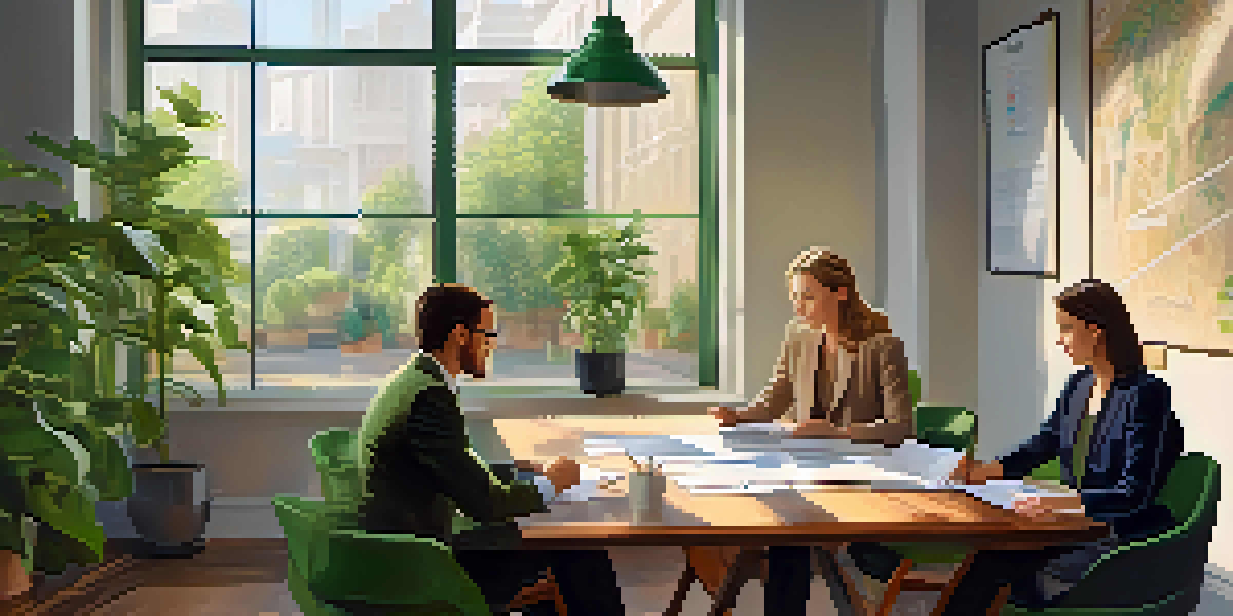 Two colleagues in a bright office having a calm discussion over a project, surrounded by charts and graphs.