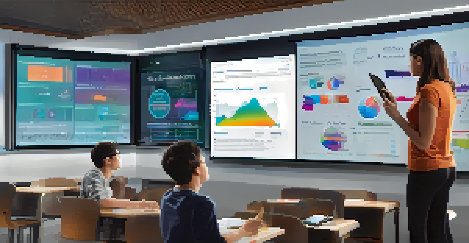 A modern classroom with an AI dashboard showcasing student performance data, while a teacher reviews the information.