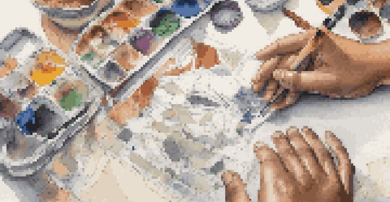 A close-up of a student's hands creating a multicultural project, surrounded by various art supplies and cultural materials.