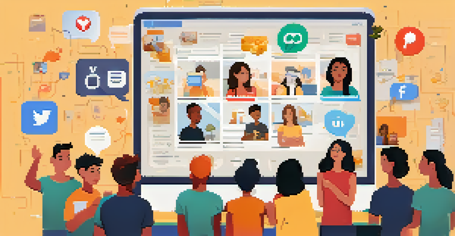 An illustration depicting students celebrating achievements on a social media platform, with various social media icons around them.