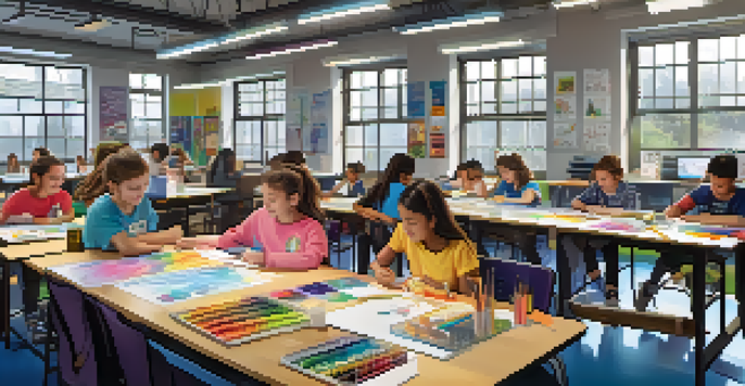 A diverse group of students in a bright classroom working together on a STEAM project, incorporating art and technology, with colorful supplies and digital screens around them.