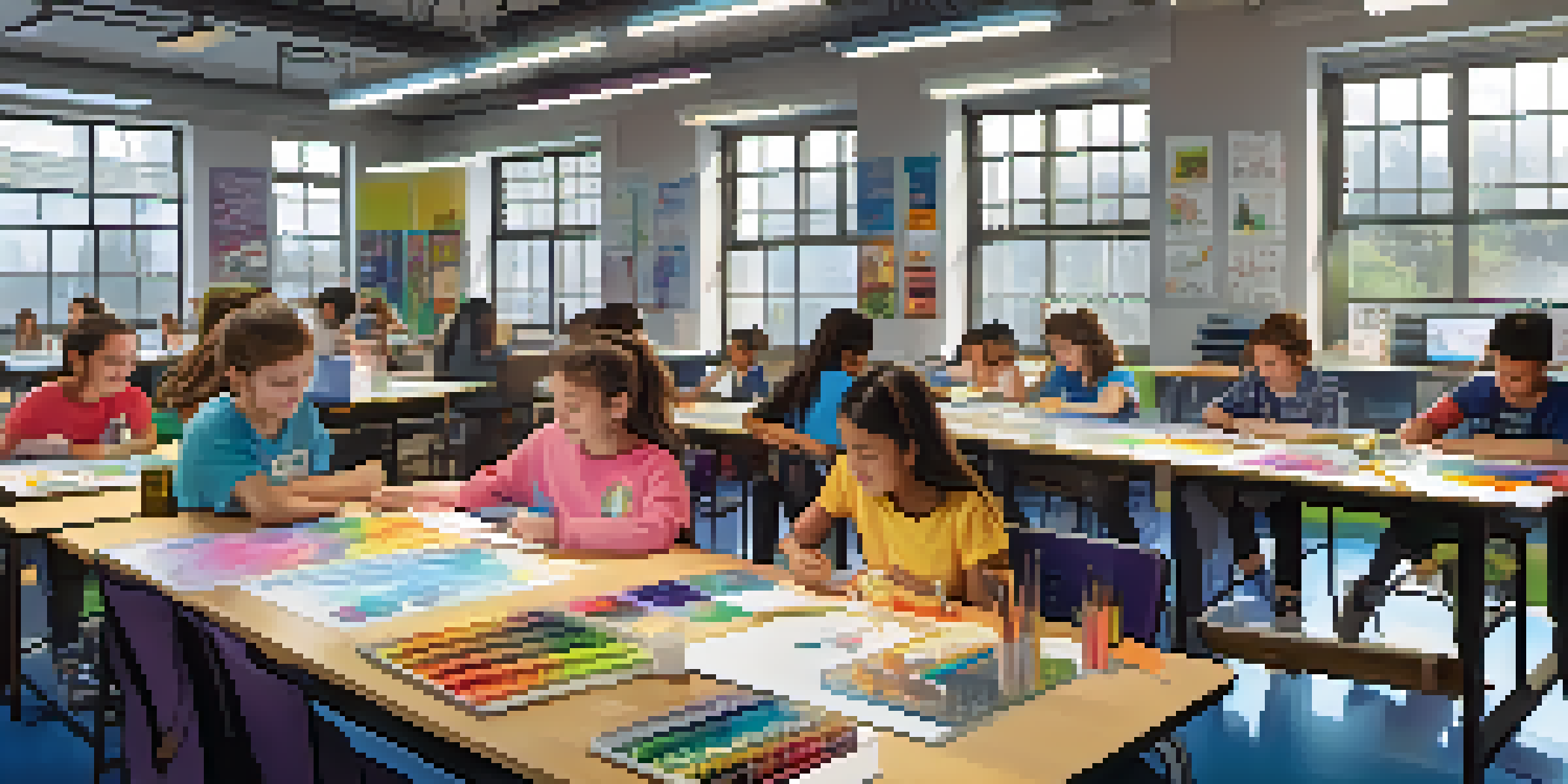 A diverse group of students in a bright classroom working together on a STEAM project, incorporating art and technology, with colorful supplies and digital screens around them.