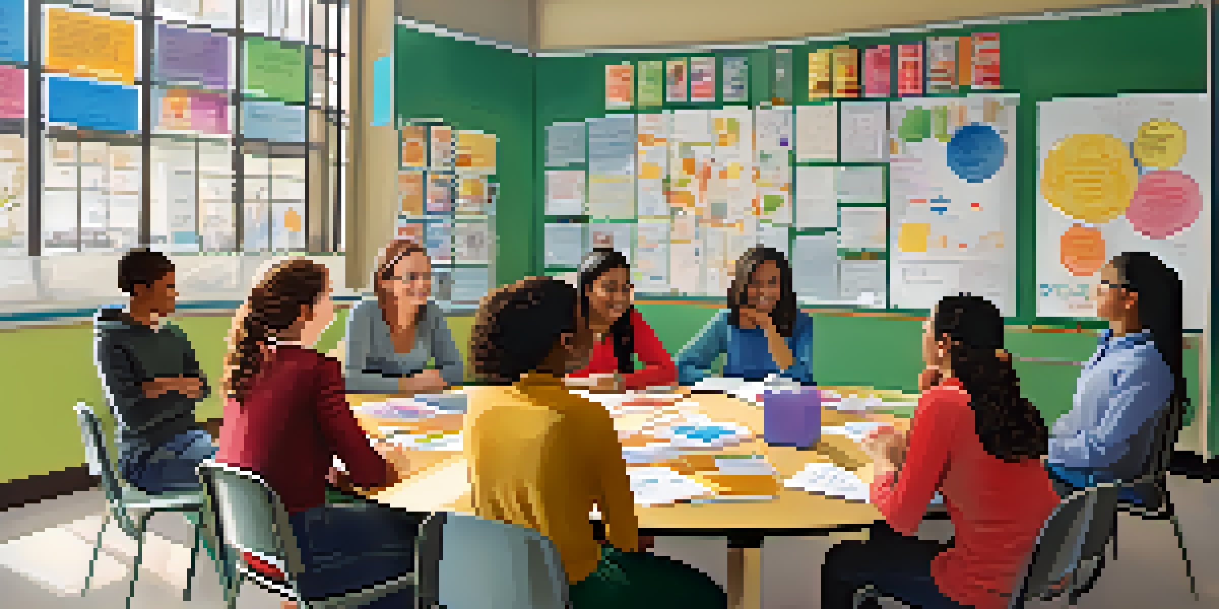 A group of diverse teachers in a bright classroom discussing ideas around a round table, with a whiteboard filled with notes.