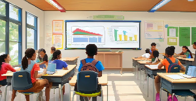 A lively classroom with diverse students collaborating on a learning activity, while a teacher provides immediate feedback.