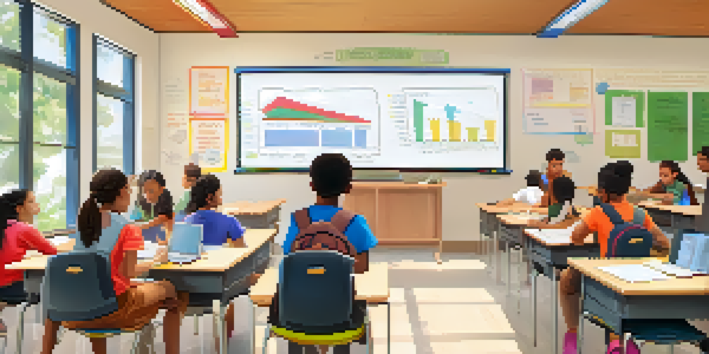 A lively classroom with diverse students collaborating on a learning activity, while a teacher provides immediate feedback.