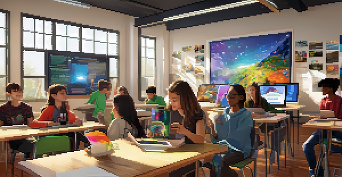 A lively classroom with students using virtual reality and tablets for interactive learning, bright sunlight illuminating the space.