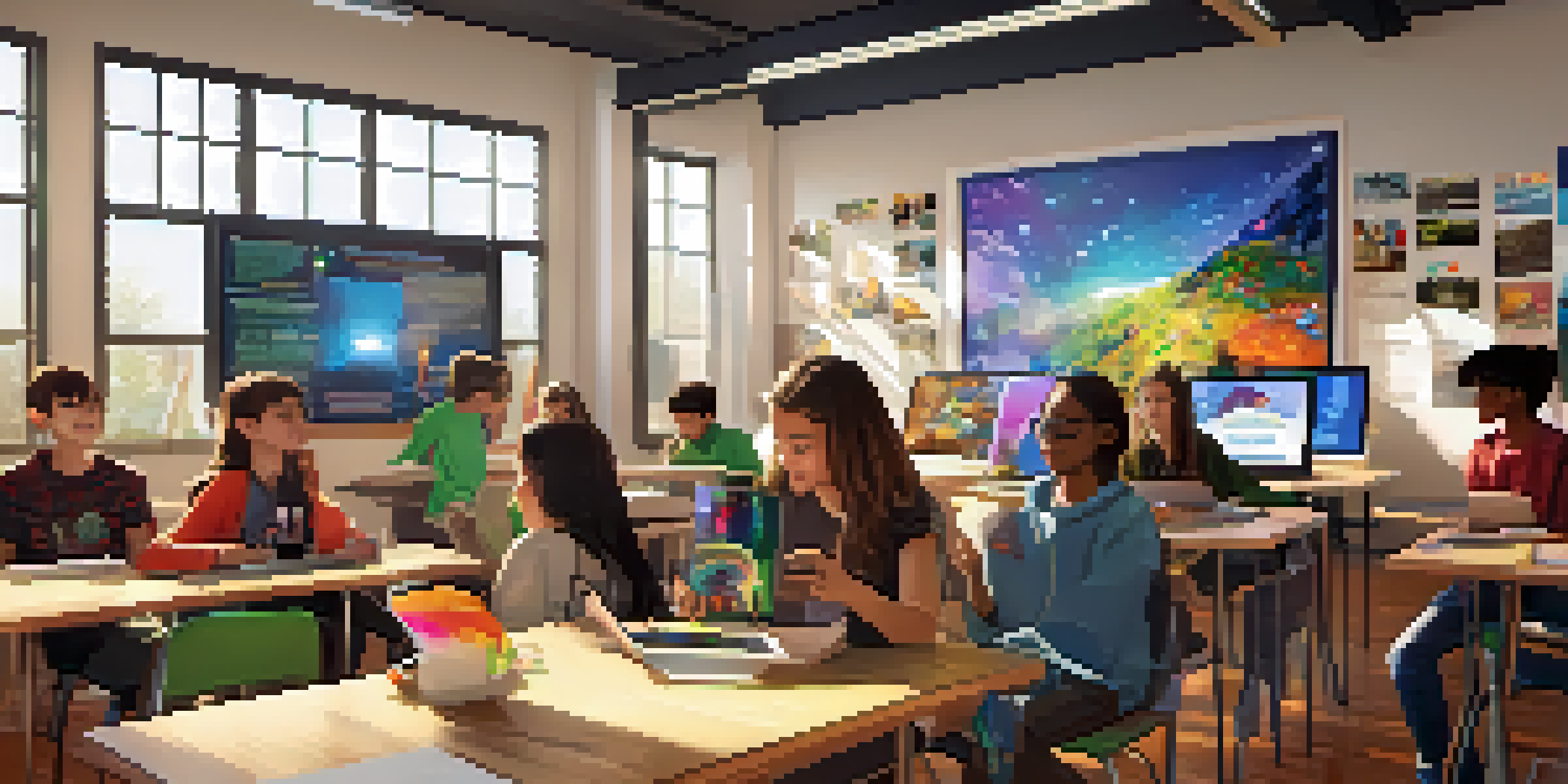 A lively classroom with students using virtual reality and tablets for interactive learning, bright sunlight illuminating the space.