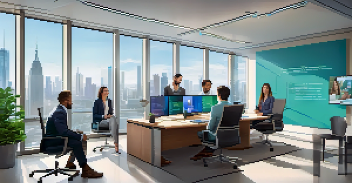 A bright office with diverse professionals in a video conference, featuring a city skyline outside the window.