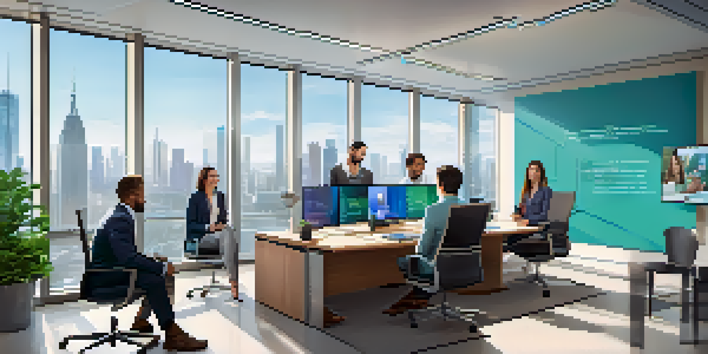 A bright office with diverse professionals in a video conference, featuring a city skyline outside the window.