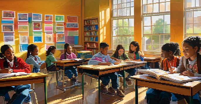 A diverse group of students working together in a colorful classroom, with a teacher assisting them, and sunlight streaming through the windows.