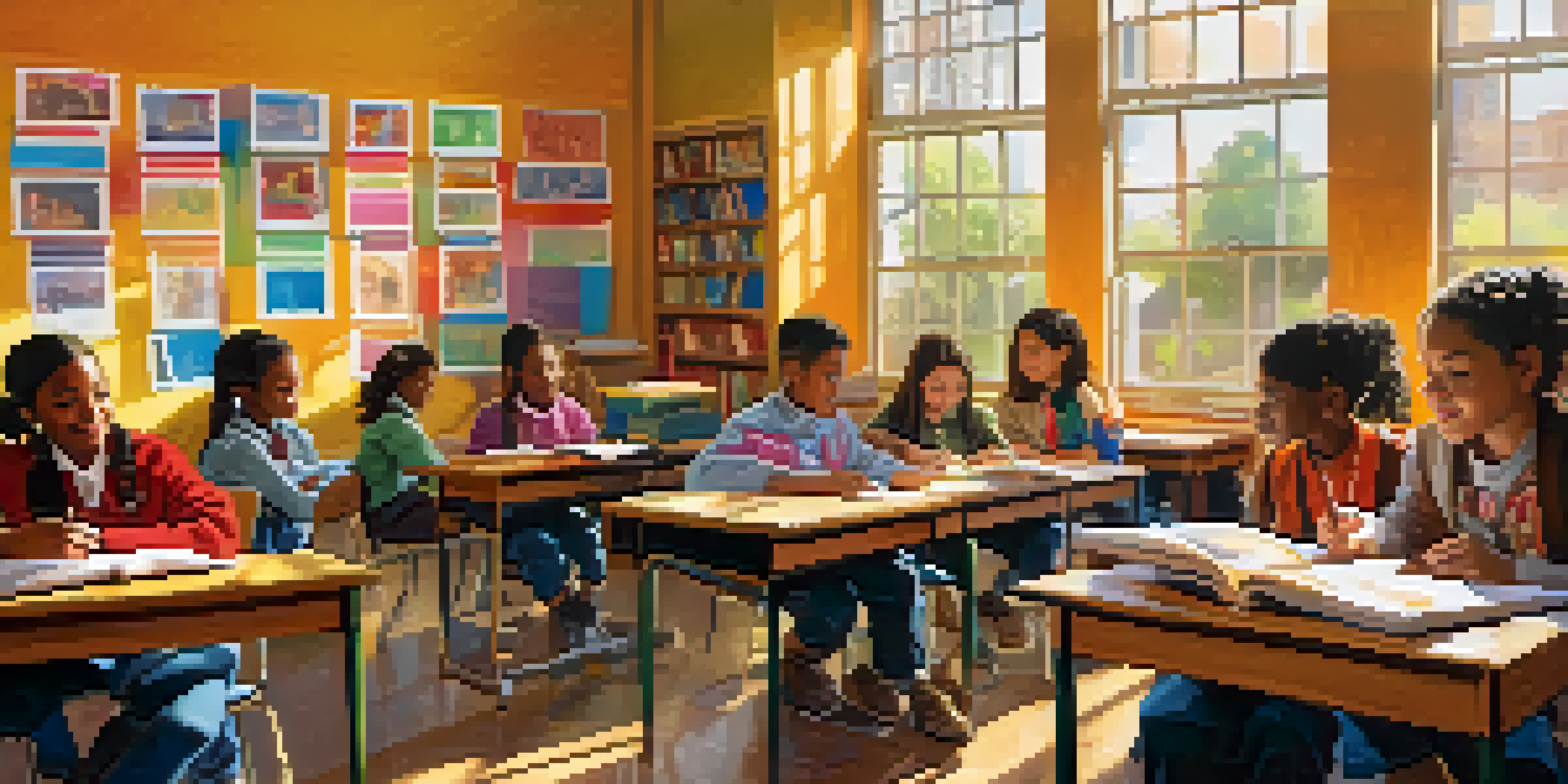 A diverse group of students working together in a colorful classroom, with a teacher assisting them, and sunlight streaming through the windows.