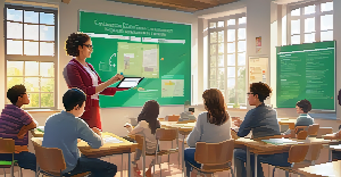 A bright classroom where students are using tablets for assessments, with a teacher giving feedback.