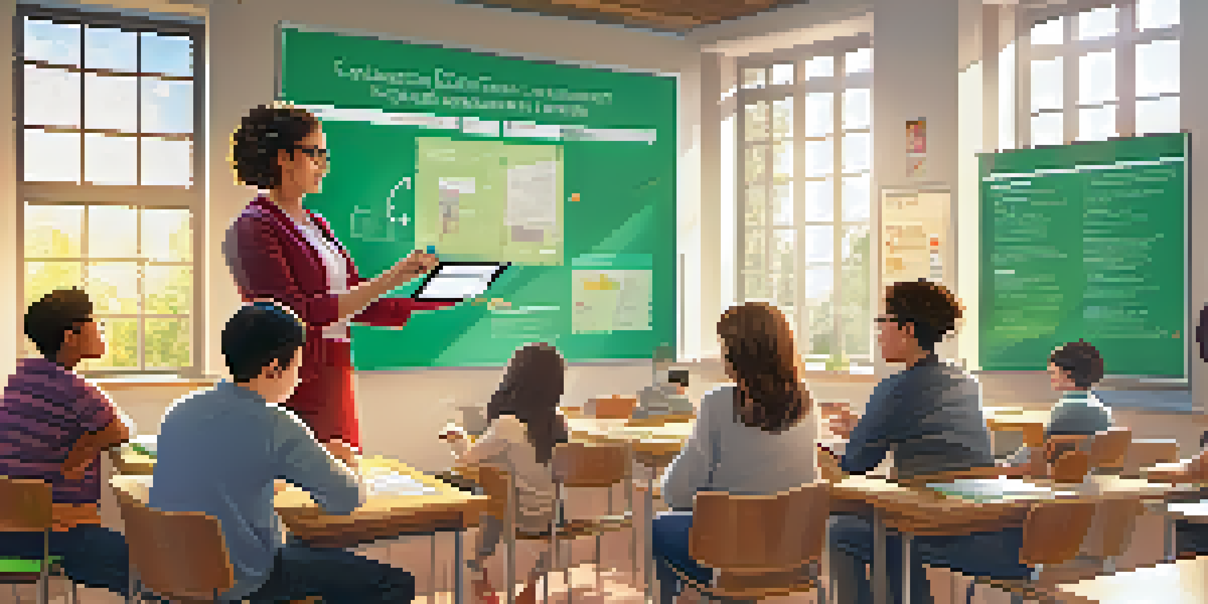 A bright classroom where students are using tablets for assessments, with a teacher giving feedback.