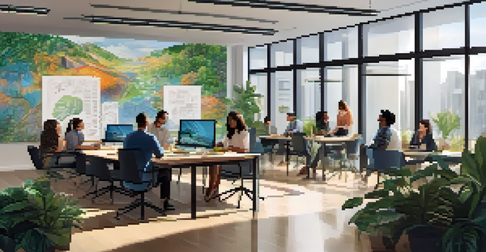 A diverse team of designers collaborating in a bright office space filled with sketches and laptops, surrounded by plants and inspirational quotes.