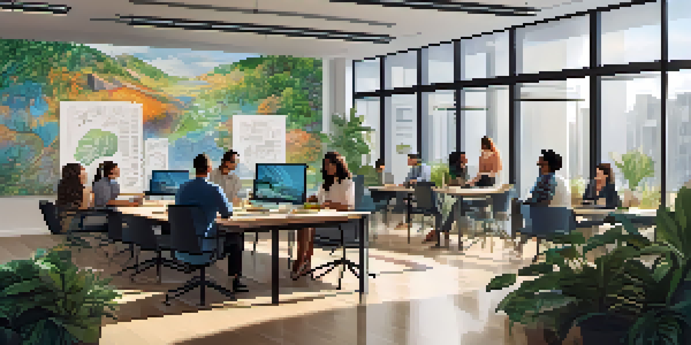 A diverse team of designers collaborating in a bright office space filled with sketches and laptops, surrounded by plants and inspirational quotes.
