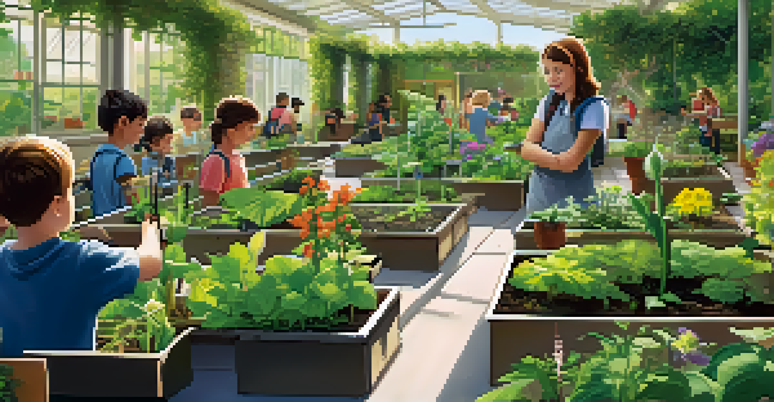 Students participating in gardening activities in a school garden, with lush greenery and educational posters in the background, all under warm sunlight.