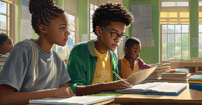 A mentor and a mentee discussing in a bright classroom filled with educational materials.