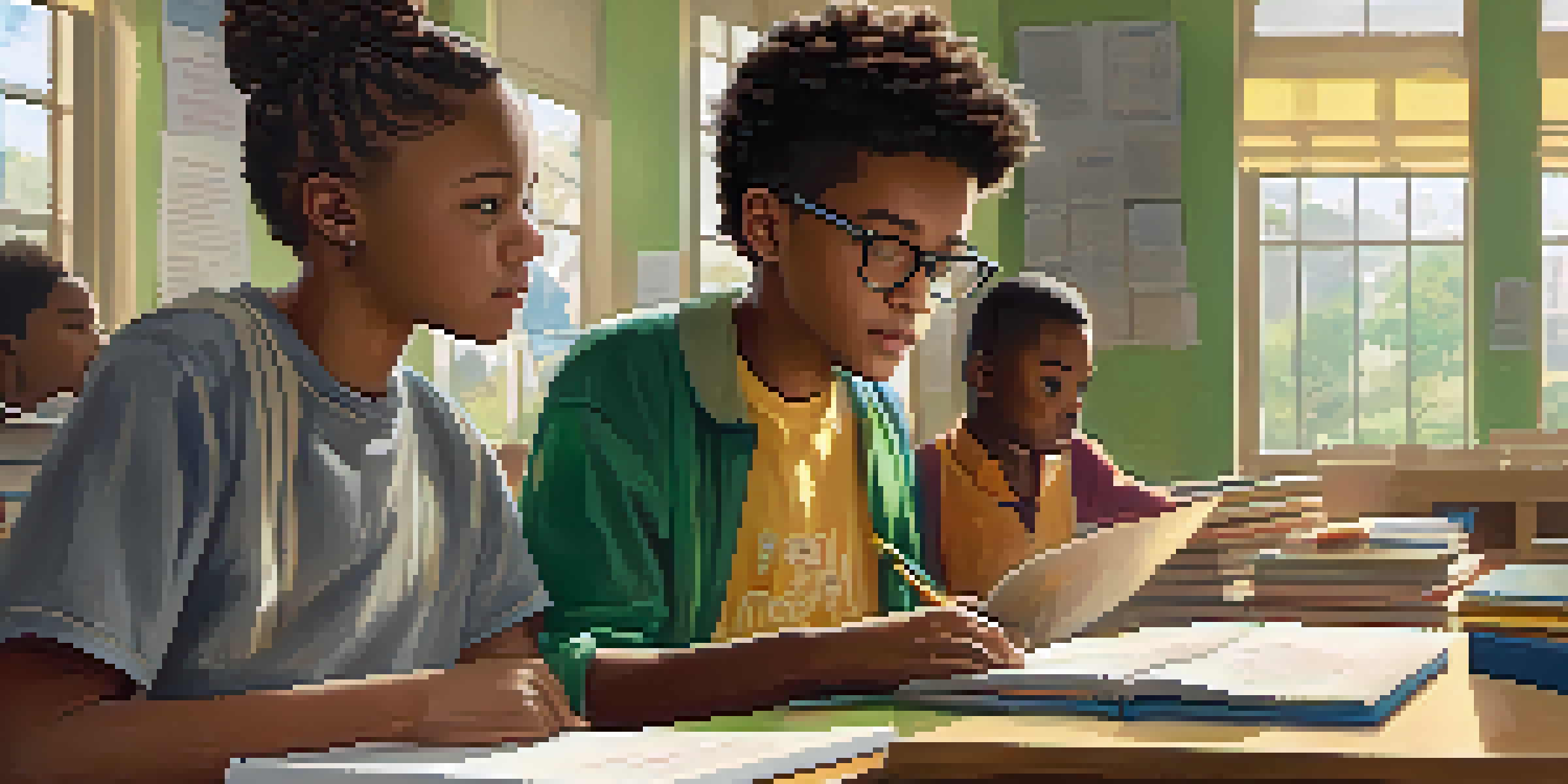 A mentor and a mentee discussing in a bright classroom filled with educational materials.