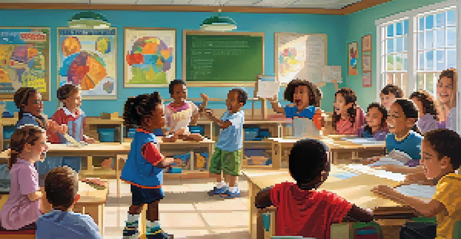 Children role-playing in a colorful classroom, expressing different emotions with bright decorations around them.