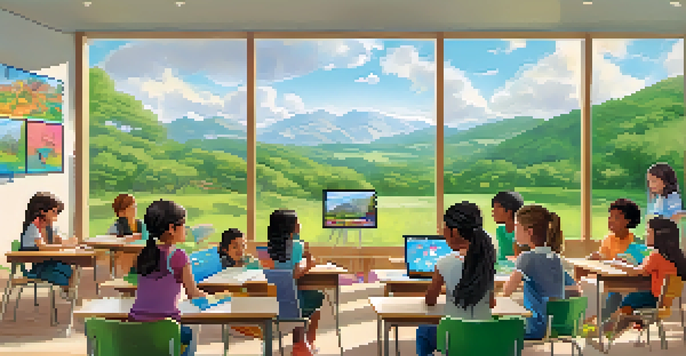 A bright and inviting classroom with diverse learners collaborating at tables, surrounded by educational materials and a view of nature outside.