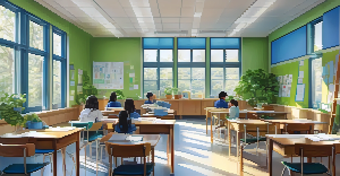 A well-lit classroom with natural light, decorated in calming colors, featuring students working at flexible desks.