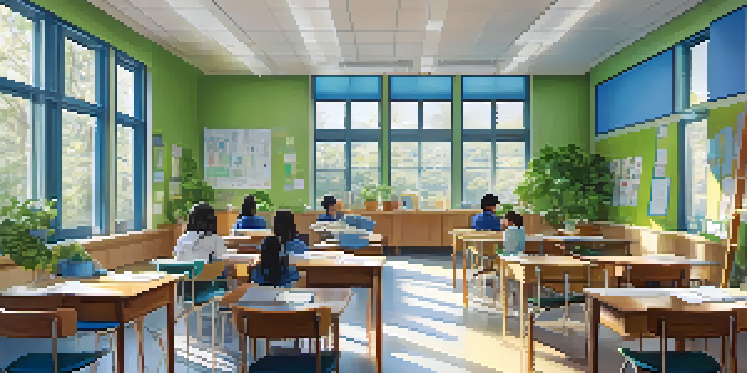 A well-lit classroom with natural light, decorated in calming colors, featuring students working at flexible desks.