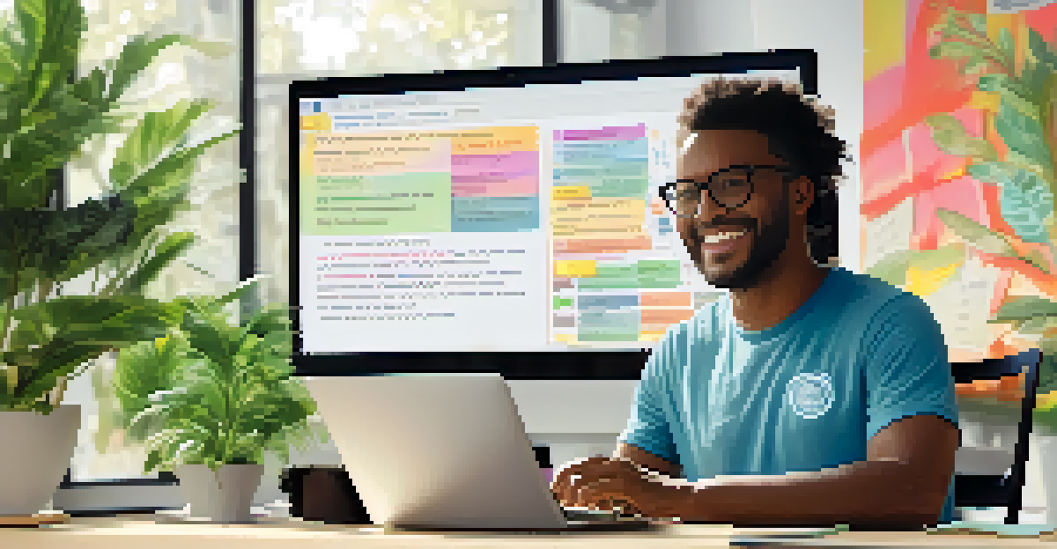 A volunteer engaging in a virtual training session on a laptop, surrounded by notes and plants in a bright room.