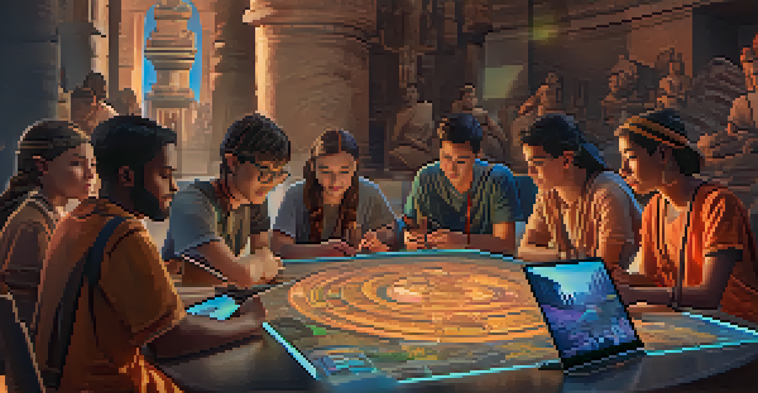 Students collaborating on an augmented reality project about ancient civilizations, with holographic images and an interactive atmosphere.