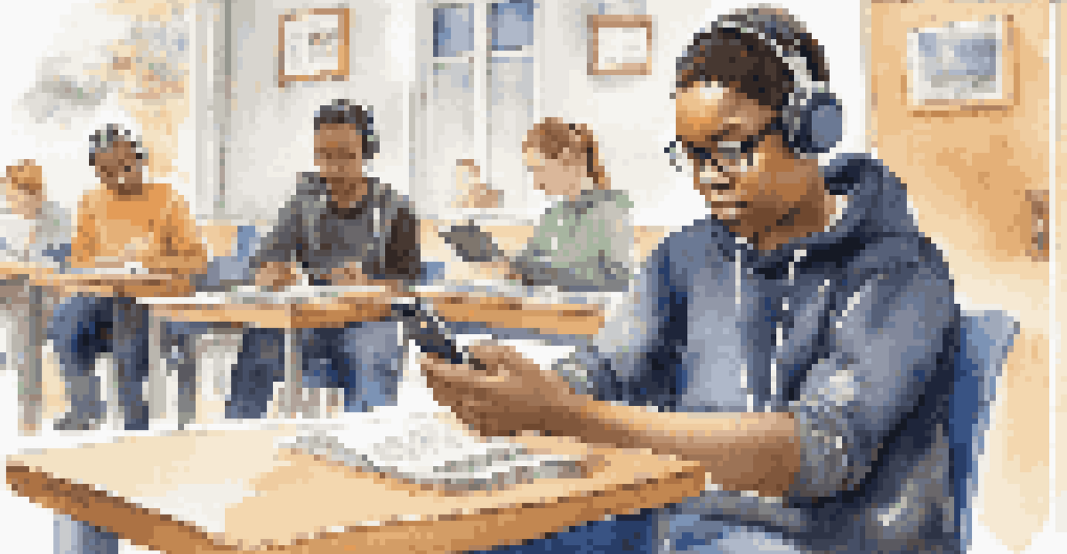 A visually impaired student using a smartphone with accessibility features in a bright and inclusive learning space.
