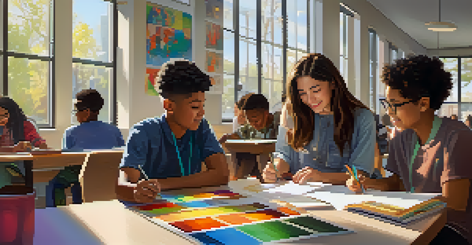 A vibrant classroom with diverse students working together on a project, illuminated by sunlight.