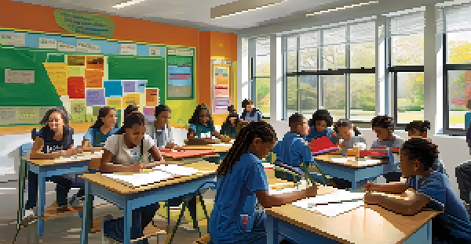 A classroom filled with diverse students working together on a mural about civic responsibility, illuminated by natural light.