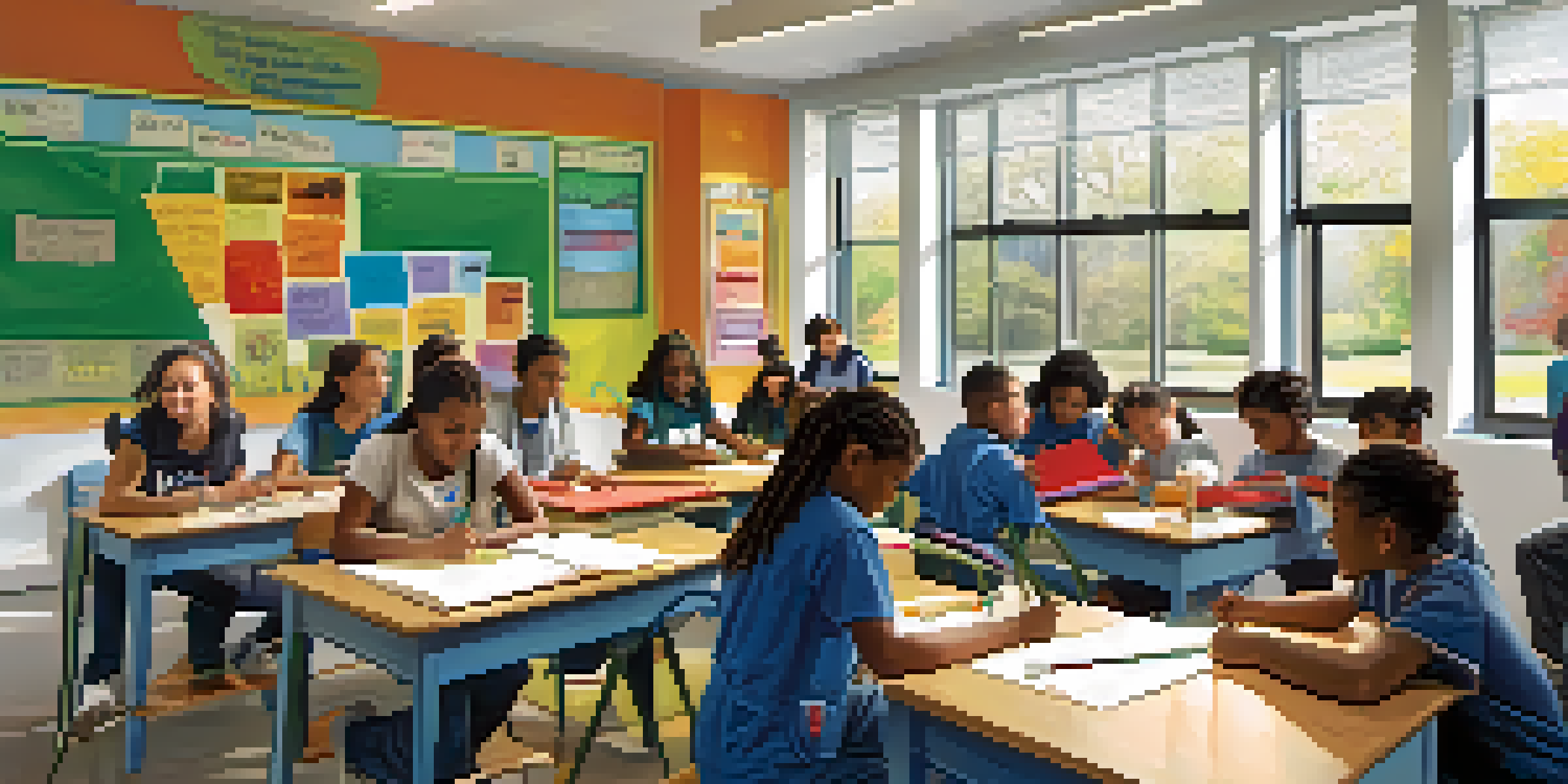A classroom filled with diverse students working together on a mural about civic responsibility, illuminated by natural light.