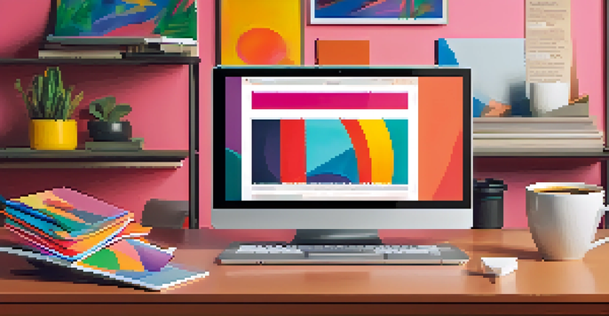 A laptop displaying a colorful digital portfolio in a modern office setting with soft lighting.