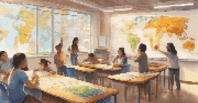 A lively classroom with diverse students learning a language, featuring a teacher by a digital whiteboard and colorful decorations.