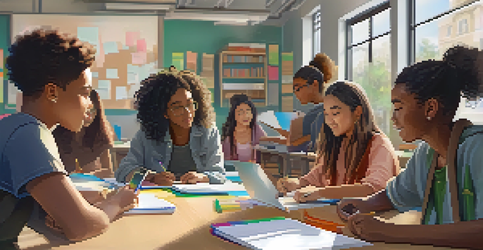 A diverse group of students actively collaborating around a table with notebooks and laptops, surrounded by bright natural light.