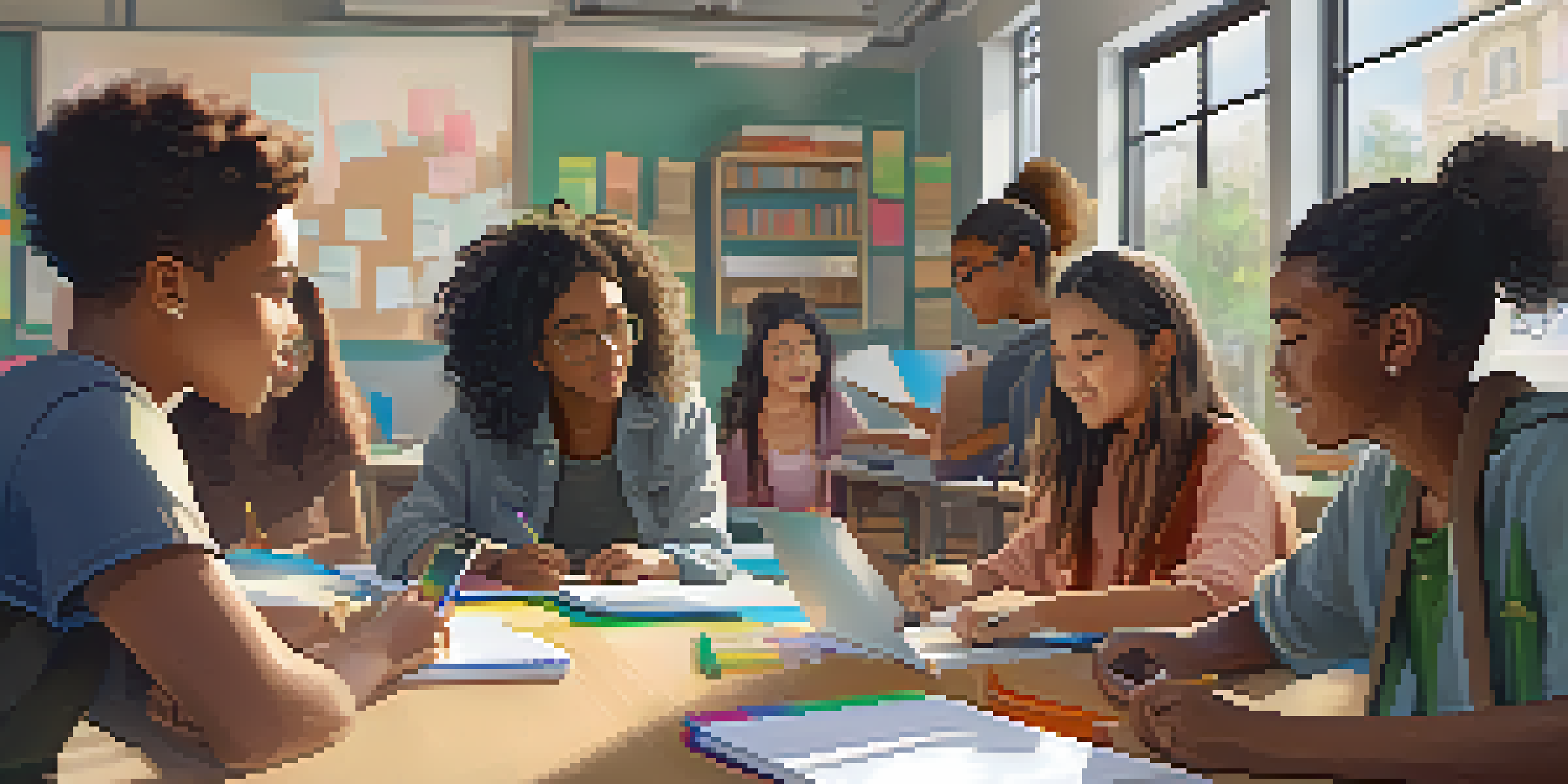 A diverse group of students actively collaborating around a table with notebooks and laptops, surrounded by bright natural light.