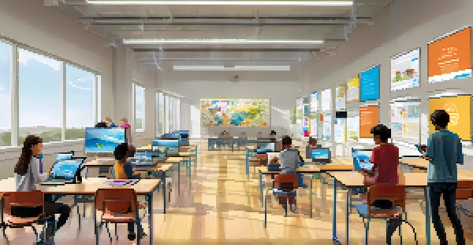 A modern classroom where students are using mobile devices and augmented reality for personalized learning, with bright windows and educational decor.